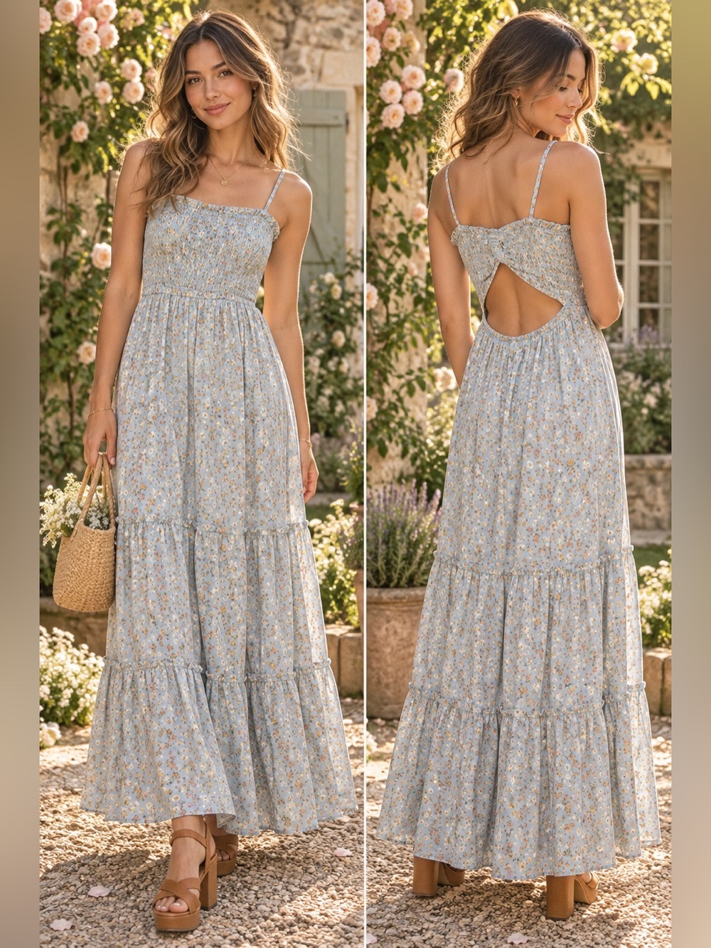 Altar’d State Blue Floral Smocked Open Back Tiered Maxi Dress XS Romantic